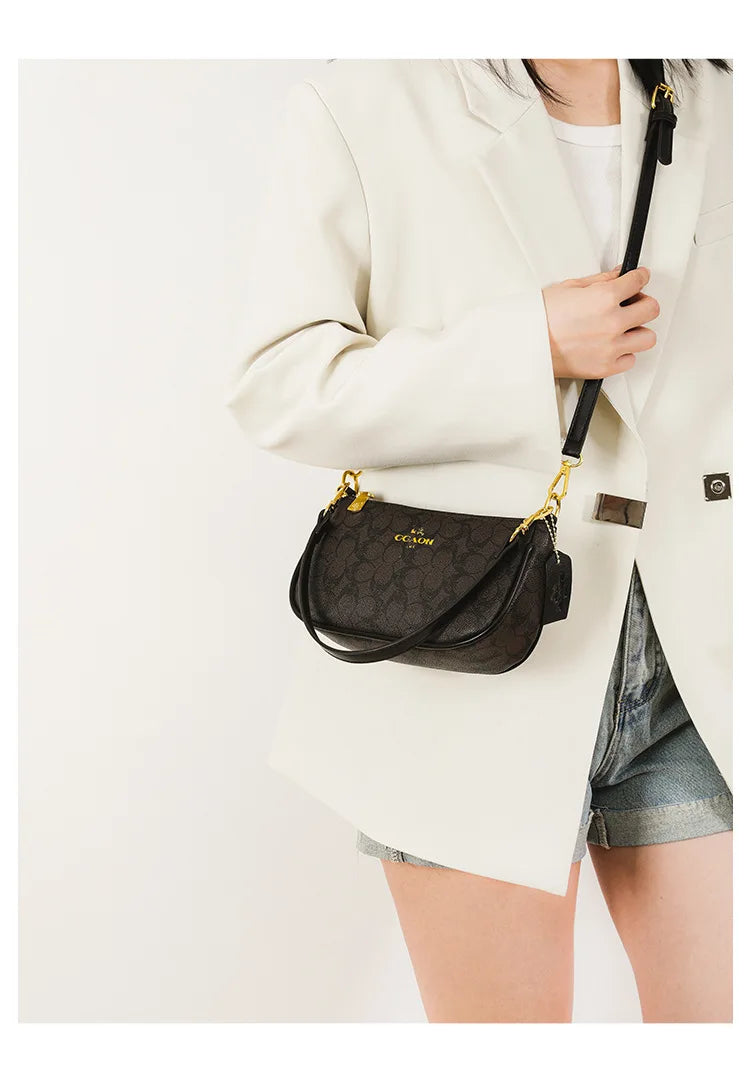 Emblem Canvas Shoulder Bag - Classic Curved Baguette Bag