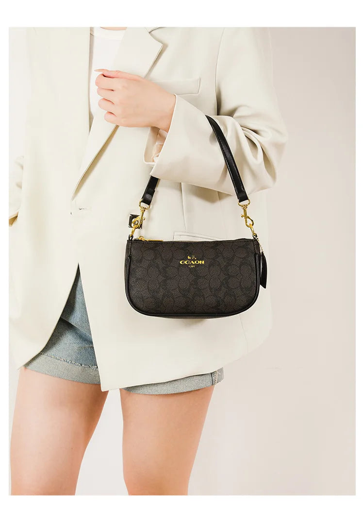 Emblem Canvas Shoulder Bag - Classic Curved Baguette Bag