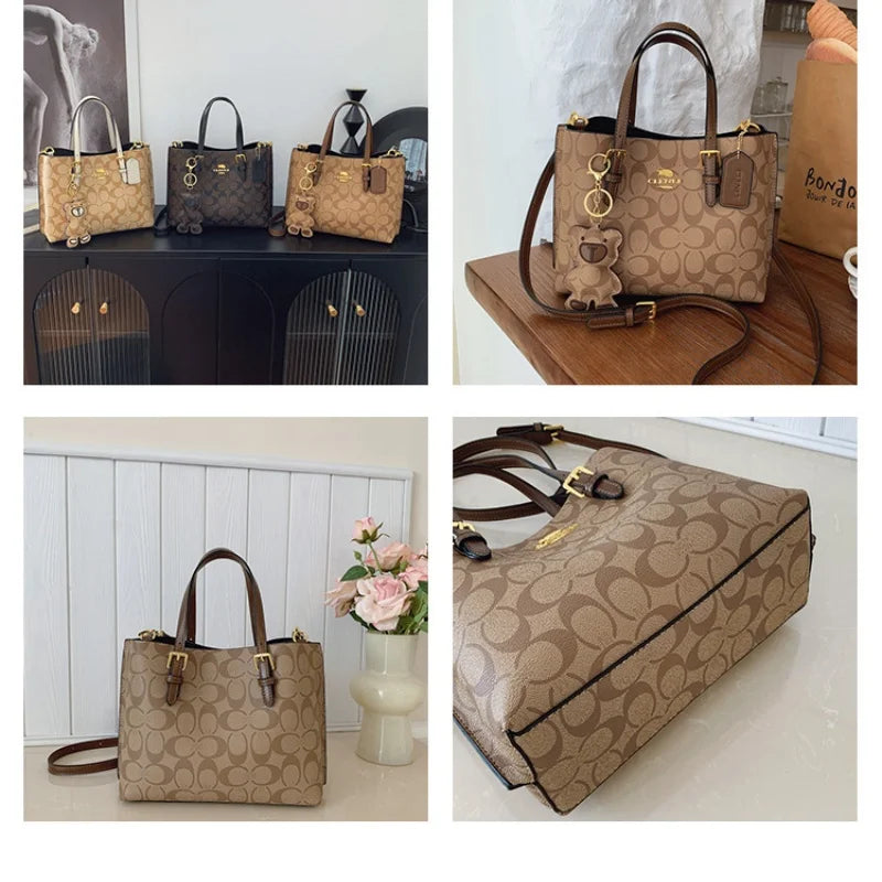 Elegant Monogram Tote Bag in Classic Style for Women Featuring Retro Leather Trim and Detachable Strap