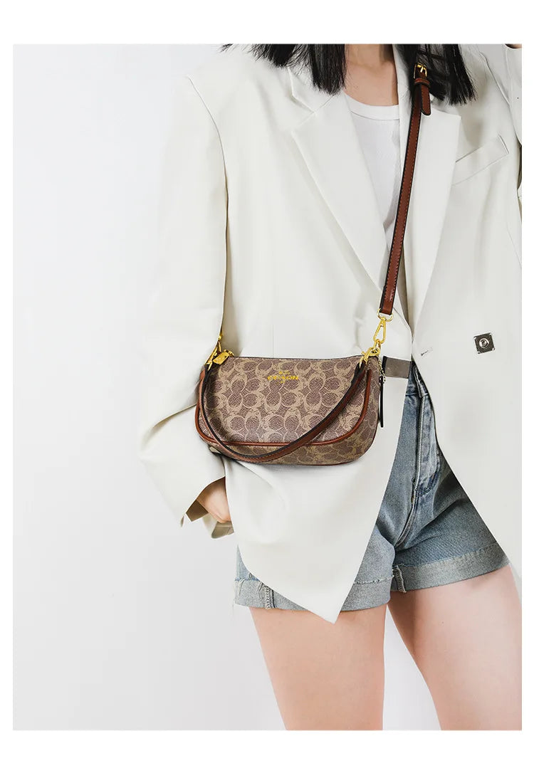 Emblem Canvas Shoulder Bag - Classic Curved Baguette Bag